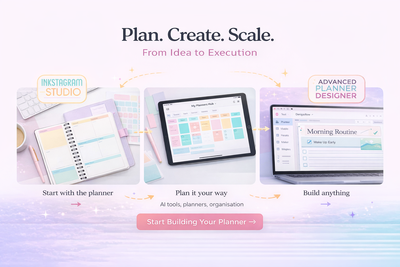 Plan, Create, Scale — the Inkstagram Studio ecosystem from idea to execution